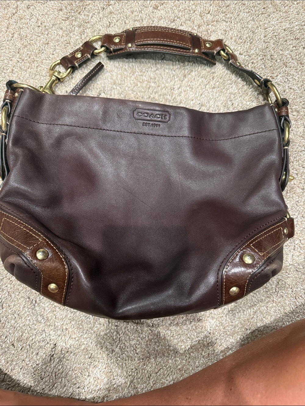 Coach Dark Brown Leather Shoulder Bag with Gold Hardware